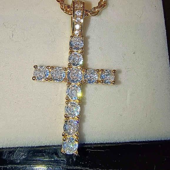 Cubic Zirconia Cross Pendant Necklace Gold Plate Stainless Steel - Picture 7 of 9